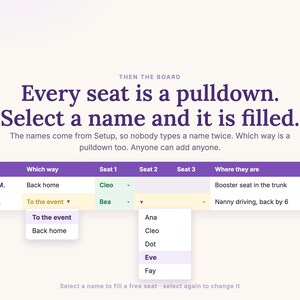 Every seat is a pulldown of the names from Setup, and which way is a pulldown too: select a name and the seat is filled