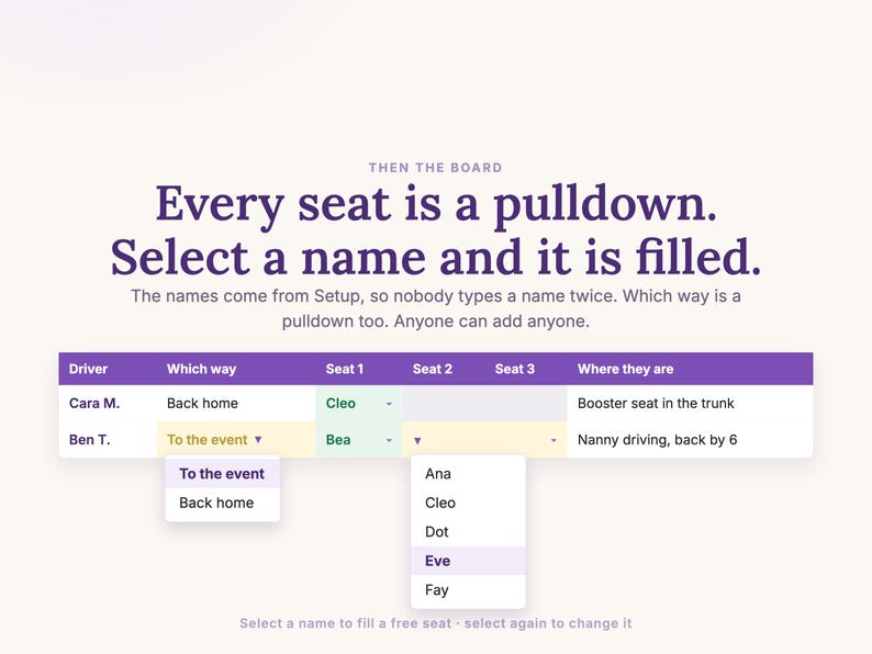 Every seat is a pulldown of the names from Setup, and which way is a pulldown too: select a name and the seat is filled