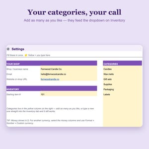 Op de afbeelding: Een digitale instellingeninterface met paarse kopteksten en lichtgele invoervelden. De tekst bevat Your categories, your call, Settings, Your Shop, Shop / business name Fernwood Candle Co., Email, Website, Inventory en Categories.