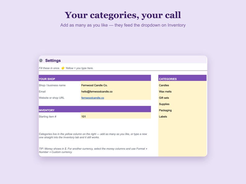 Op de afbeelding: Een digitale instellingeninterface met paarse kopteksten en lichtgele invoervelden. De tekst bevat Your categories, your call, Settings, Your Shop, Shop / business name Fernwood Candle Co., Email, Website, Inventory en Categories.