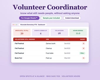 PTA PTO Volunteer Coordinator Spreadsheet | Volunteer Tracker, Sign Up & Shift Schedule | Hours Log for Google Sheets™