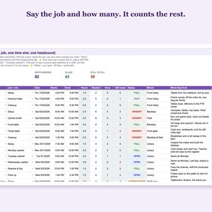 Shifts tab with each job, how many people are needed, and a FULL, OPEN or URGENT status