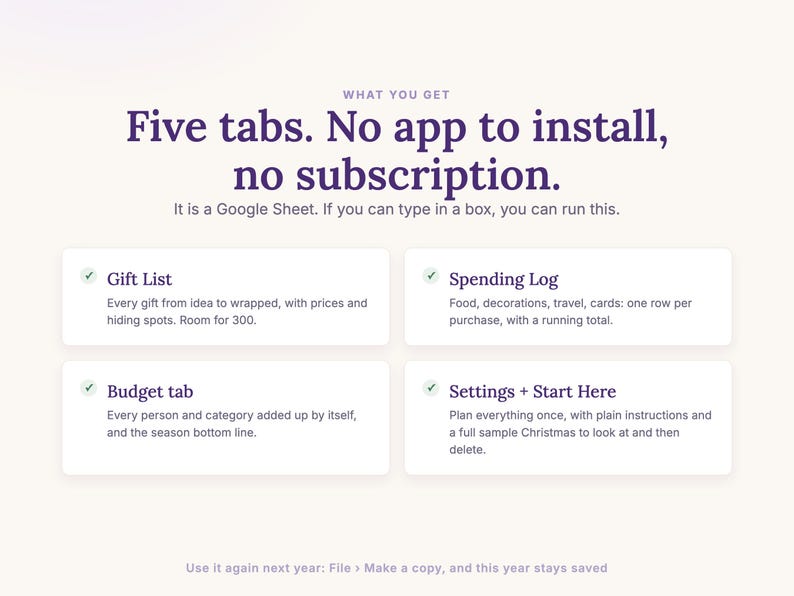 What you get: Gift List, Spending Log, Budget tab, Settings and Start Here, no app and no subscription