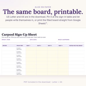 Printable carpool sign-up sheet in US Letter and A4 for the fridge or the team table