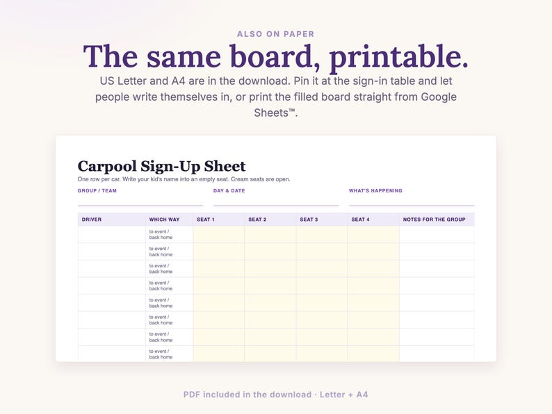 Printable carpool sign-up sheet in US Letter and A4 for the fridge or the team table