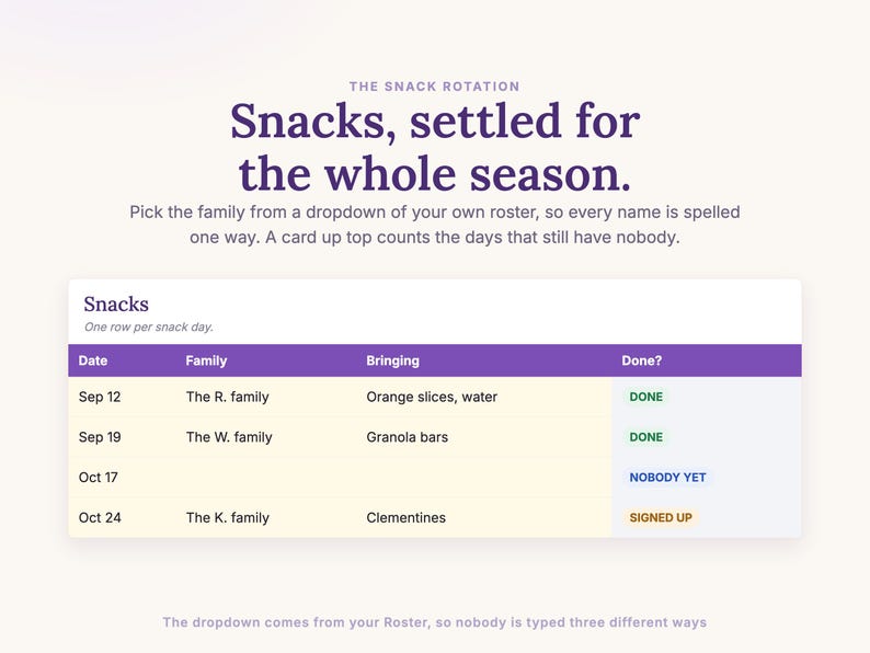The Snacks tab settles the rotation with a dropdown of your own roster and a nobody-yet count