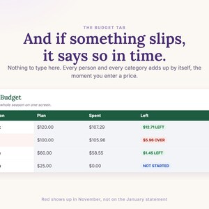 The Budget tab adds up every person and category by itself and shows what is left of the plan