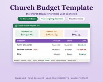 Kirchenbudgetvorlage für Excel, Kirchenkassierer-Tabelle mit Zehnt- und Spendenverfolgung, Jahresendspendenabrechnungen, Fondssalden