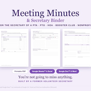 Secretary Meeting Minutes Template, PTA PTO Secretary Binder for Google Sheets™ & Excel, Board Agenda, Notes, Attendance and Quorum Tracker