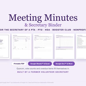May include: A digital meeting minutes and secretary binder template set for organizations. Includes five document pages, printable PDF, Google Sheets, Excel, Google Docs, and Word formats. Text reads: Meeting Minutes & Secretary Binder.