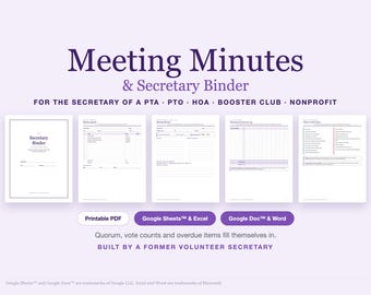 Secretary Meeting Minutes Template, PTA PTO Secretary Binder for Google Sheets™ & Excel, Board Agenda, Notes, Attendance and Quorum Tracker