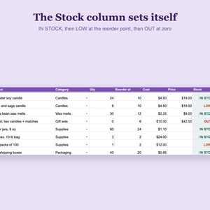 Voorraadtracker voor Google Sheets™, voorraadspreadsheet voor kleine bedrijven met lijst voor bijvullen bij lage voorraad, sjabloon voor voorraadbeheer afbeelding 3