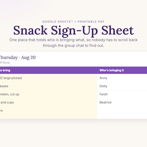Snack Sign-Up Sheet for Google Sheets: a date with what to bring and who is bringing it