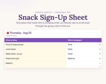 Snack Sign Up Sheet, Potluck Sign Up Sheet, Google Sheets™ Snack Schedule Template + Printable PDF, Team Snacks, Class Party, Meal Train
