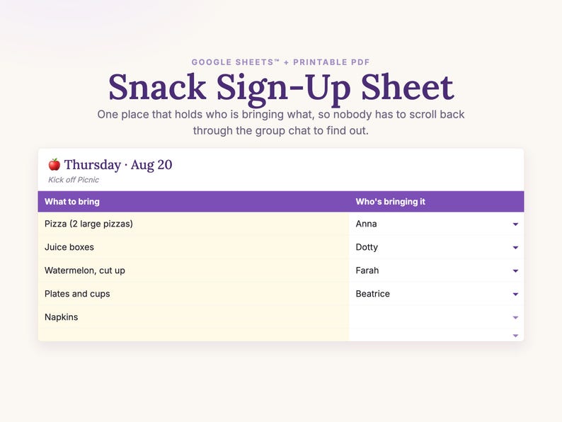 Snack Sign-Up Sheet for Google Sheets: a date with what to bring and who is bringing it