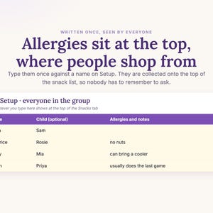 Allergies typed once on Setup are collected at the top of the snack list