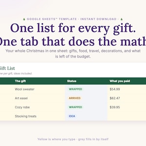 Christmas Budget and Gift Tracker for Google Sheets: the gift list with who it is for, status, and what you paid