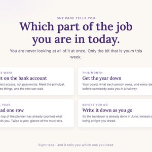 The president's year split into four manageable parts: this week get on the bank account, this month get the year down, all year read one row, and before you go write it down.