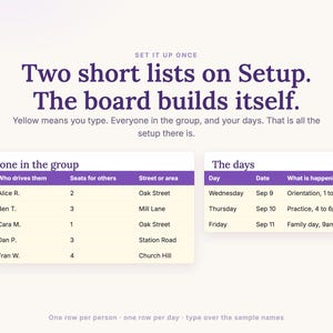 Setup tab: two short lists, everyone in the group with who drives them and seats for others, and the days, and the board builds itself