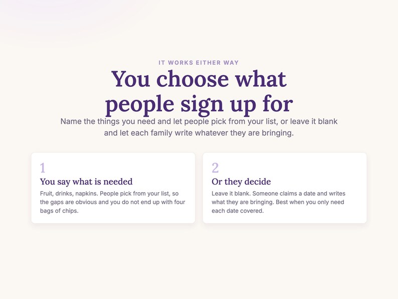 Name the things you need, or leave it blank and let each family choose what they bring