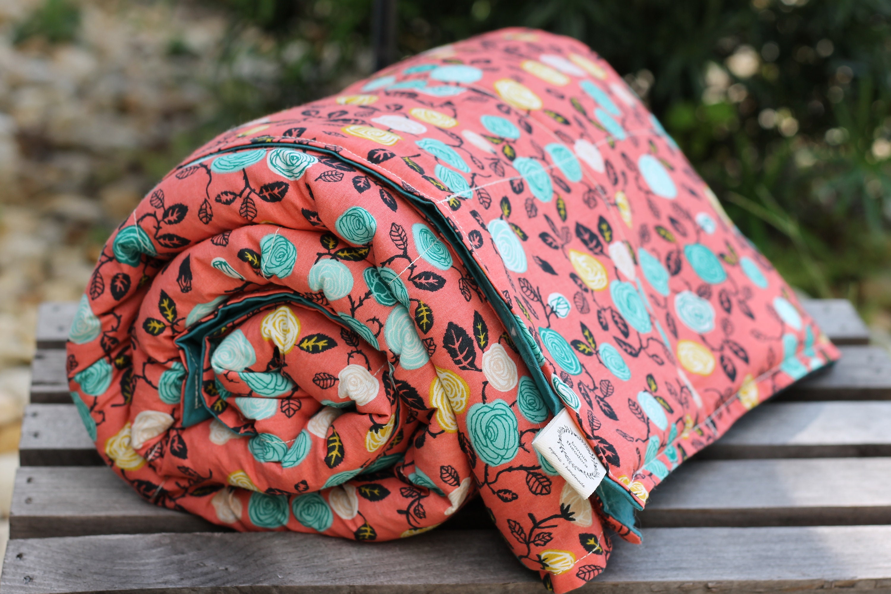 Ready To Ship! Adult/Teen Organic Weighted Blanket-Coral Roses/Teal