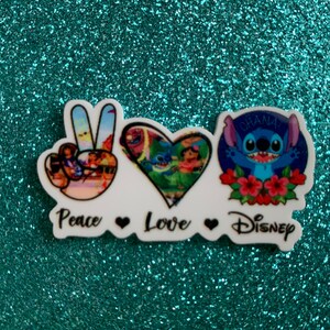 5pc. Peace, Love, and Stitch Resin, Planar, Flatback, Cabochon, Bow Center, Slime Charm, Flat Back