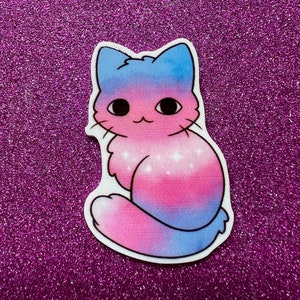 May include: A sticker of a cartoon cat with a pink and blue gradient design. The cat is sitting with its tail curled around its body.