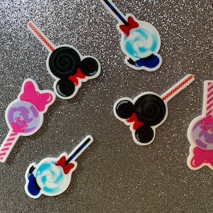 6pc. Mickey Mouse and Minnie Mouse, Daisy Duck Lollipop, Disneyland, Planar, Flatback, Cabochon, Bow Center, Faux Food