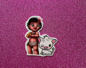 5pc. Baby Moana with Pua, Resin, Planar, Flatback, Cabochon, Bow Center