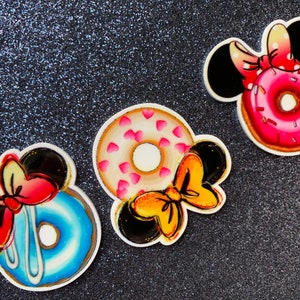 6pc. Mickey Mouse and Minnie Mouse Donut, Lollipop, Disneyland, Planar, Flatback, Cabochon, Bow Center, Faux Food