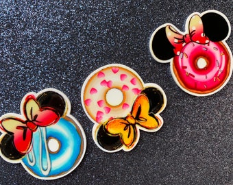 6pc. Mickey Mouse and Minnie Mouse Donut, Lollipop, Disneyland, Planar, Flatback, Cabochon, Bow Center, Faux Food