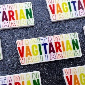 May include: A set of six white rectangular pins with the word "Vagitarian" written in rainbow colours. The word is repeated multiple times on each pin, with each repetition slightly offset from the one above it.