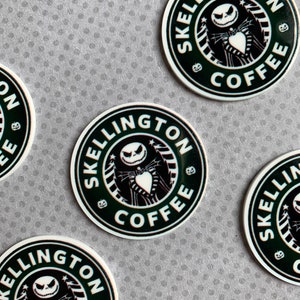 May include: Four black and white round stickers with the text "SKellington Coffee" and a cartoon image of Jack Skellington from the Nightmare Before Christmas.