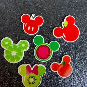 6pc. Mickey Mouse and Minnie Mouse Fruit, Disneyland, Planar, Flatback, Cabochon, Bow Center, Watermellon, Apple, Cherry, Kiwi, Lime, Orange