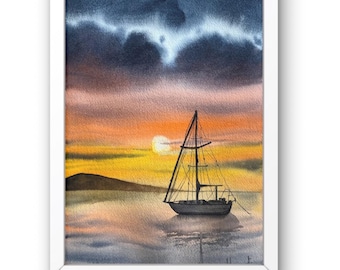 May include: Watercolour painting of a sailboat on calm water at sunset. The sky transitions from dark blue to orange and yellow, with the sun partially visible. The boat is silhouetted against the colourful sky, and the painting is framed in a white border.