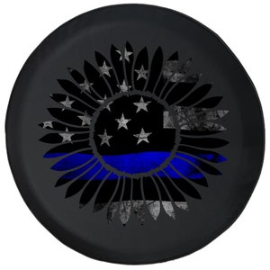 Sunflower Thin Blue Line Support Distressed Tire Cover Fits Jeep Wrangler, Rubicon, Camper, and RV&#39;s