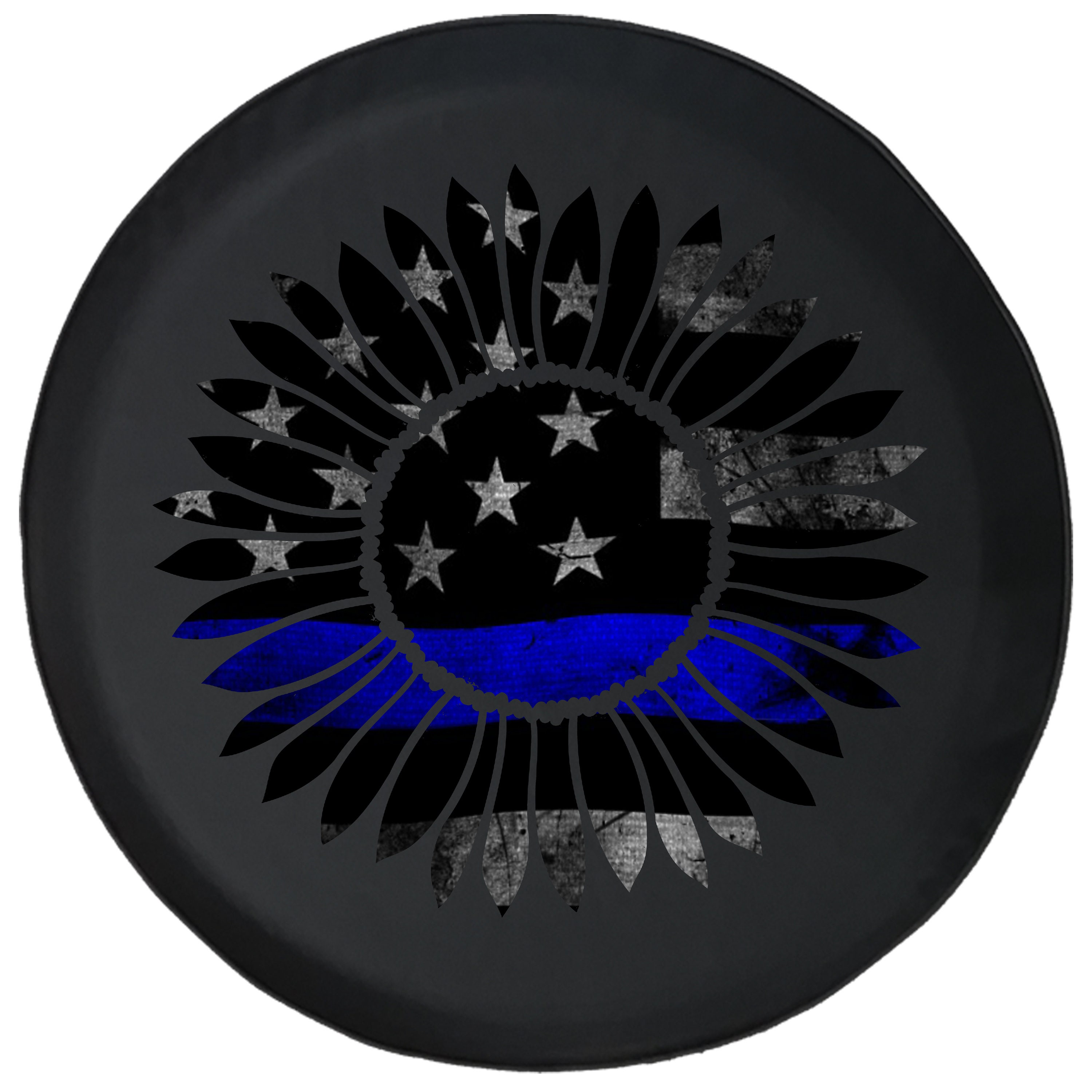 Sunflower Thin Blue Line Support Distressed Spare Tire Cover