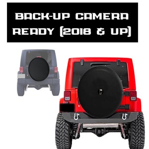 May include: A red Jeep Wrangler with a black spare tire cover. The image includes the text "BACK-UP CAMERA READY [2018 & UP]" in white. A second, gray Jeep is shown in the background.