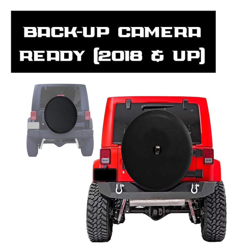 May include: A red Jeep Wrangler with a black spare tire cover. The image includes the text "BACK-UP CAMERA READY [2018 & UP]" in white. A second, gray Jeep is shown in the background.
