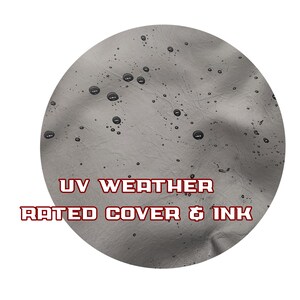 May include: A circular, gray, textured surface with water droplets. The text "UV WEATHER RATED COVER & INK" is displayed in red and white lettering. The image suggests a product designed for weather protection.