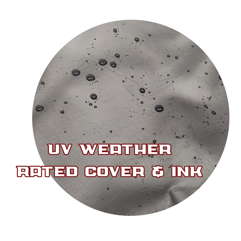 May include: A circular, gray, textured surface with water droplets. The text "UV WEATHER RATED COVER & INK" is displayed in red and white lettering. The image suggests a product designed for weather protection.