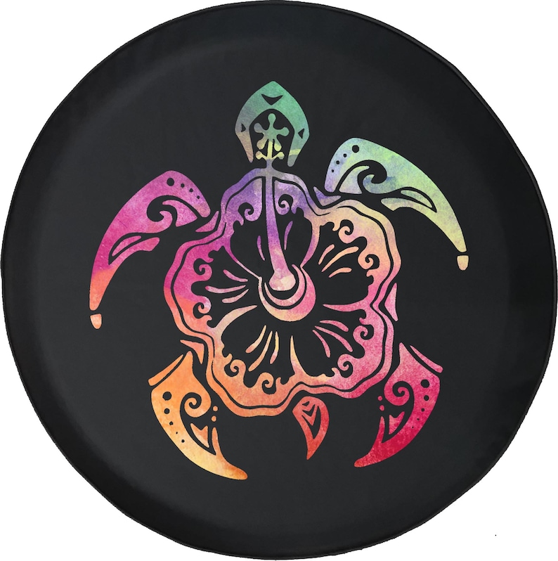 May include: Black spare tire cover featuring a colorful sea turtle design. The turtle is depicted in a watercolor style with a hibiscus flower at its center. The design incorporates shades of pink, orange, yellow, green, and purple.