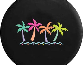 May include: Black spare tire cover featuring a colorful embroidered design of four palm trees in shades of green, pink, orange, and yellow. The trees are set against a wavy blue and white line, evoking a tropical theme.