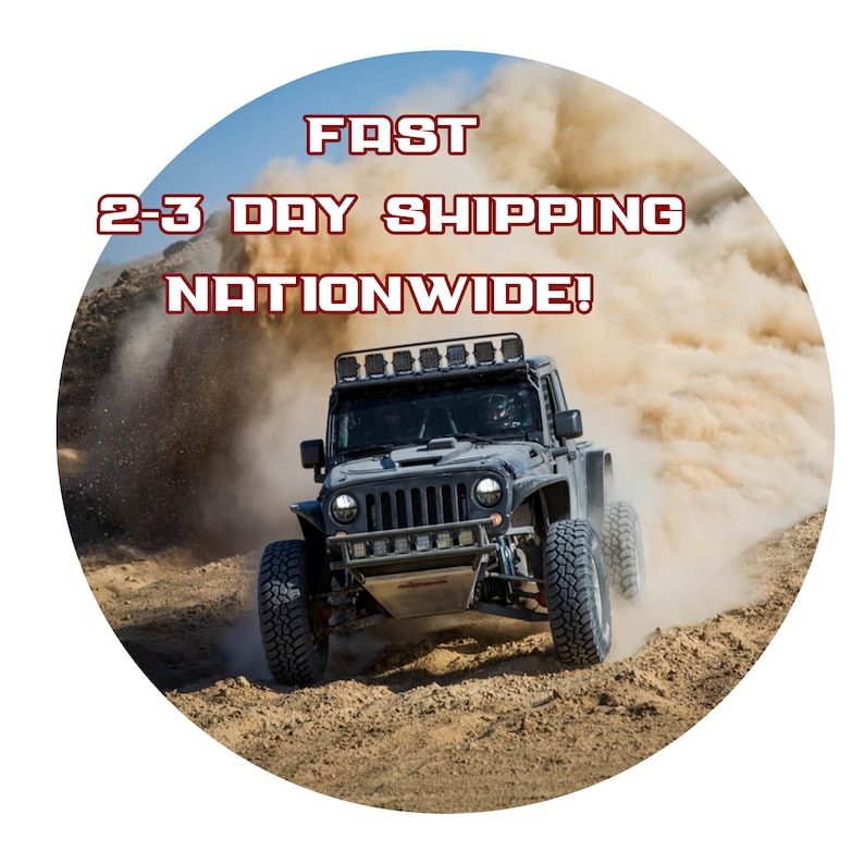 May include: A black off-road vehicle kicks up dust as it speeds across a desert landscape. The vehicle has a roll cage, off-road tires, and a light bar. Text in the image reads "FAST 2-3 DAY SHIPPING NATIONWIDE!"