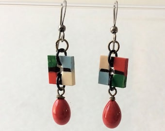Vintage Repurposed Button Earrings ala Mondrian, Ear wires, Dangling Earrings, Vintage Materials