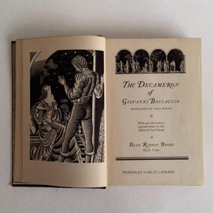 May include: Open book with illustrations. The left page features a black and white illustration of a man and woman. The right page displays the title "The Decameron of Giovanni Boccaccio" and the publisher "Blue Ribbon Books, New York."