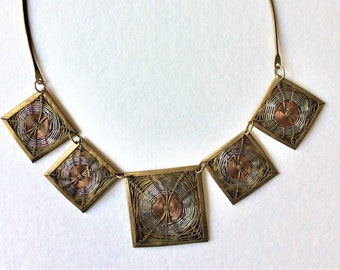 Vintage Brutalist Style Necklace.  Bib/Collar/Choker. Brass, Copper, Silver. Unique, Rustic, Boho. 19" Length.