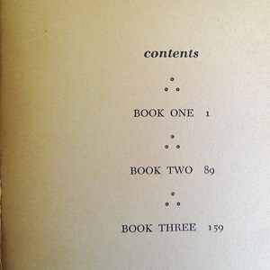 May include: A close-up of a book's contents page, featuring the title "contents" in a serif font. Below, the text lists "BOOK ONE 1", "BOOK TWO 89", and "BOOK THREE 159". The page has a vintage, off-white color.