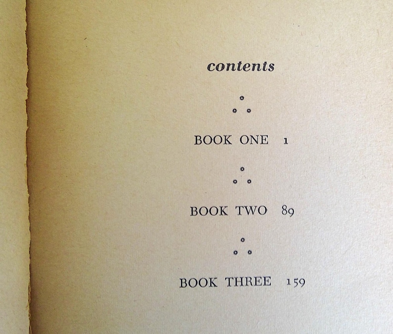 May include: A close-up of a book's contents page, featuring the title "contents" in a serif font. Below, the text lists "BOOK ONE 1", "BOOK TWO 89", and "BOOK THREE 159". The page has a vintage, off-white color.