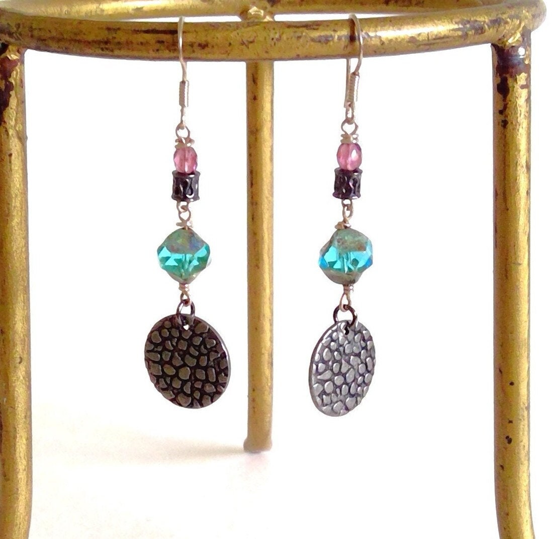 Dangling Earrings with Textured Disk and turquoise and amethyst beads